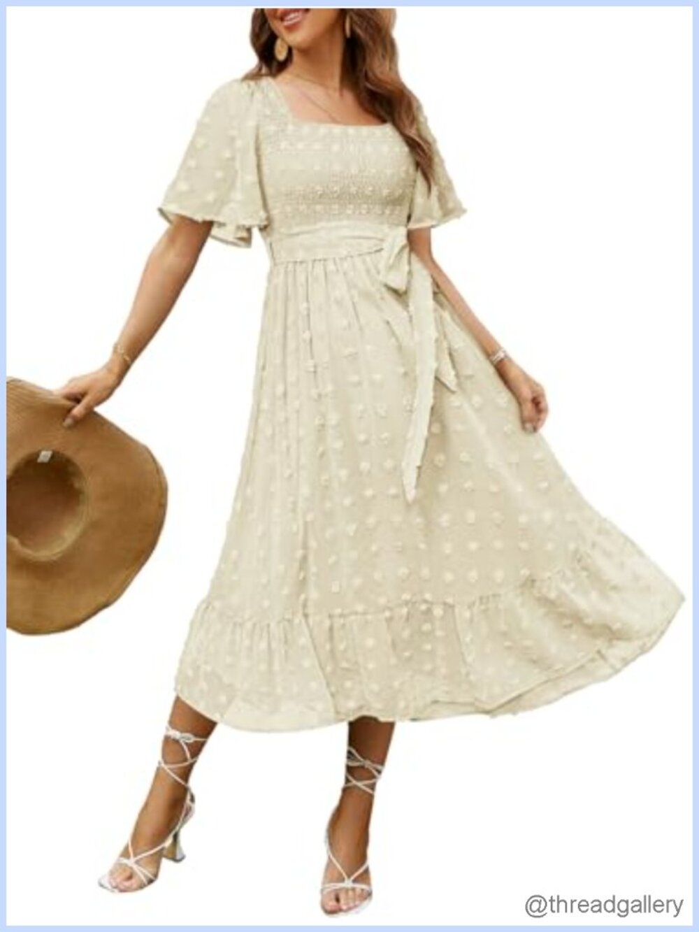 Women's Boho Smocked Midi Dress Square Neck A-Line Flowy Wedding Guest